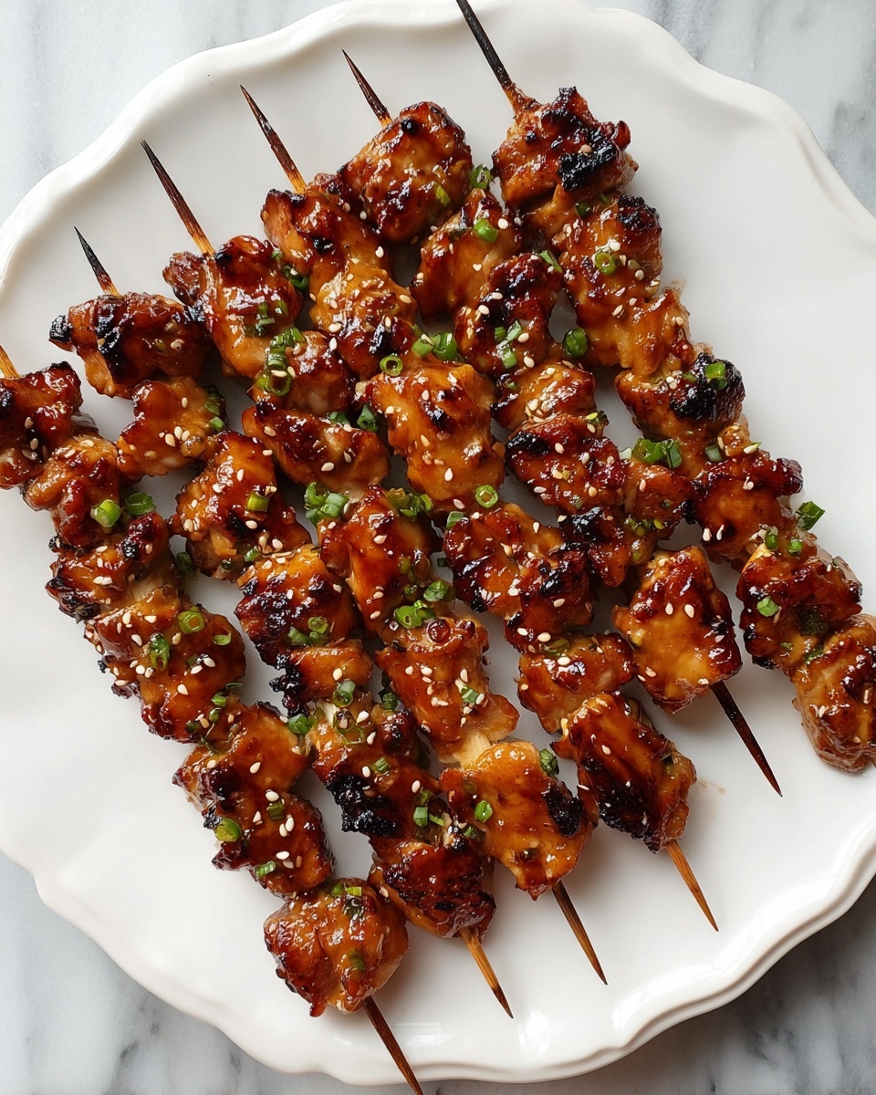 Six wooden skewers of grilled chicken pieces are arranged side by side on a white plate with a slightly raised, scalloped edge. Each skewer has nine to ten pieces of chicken, glazed with a shiny, dark brown sauce that adds a glossy texture. The chicken looks juicy with browned and slightly charred spots, giving a mix of golden and dark caramel colors. Small white sesame seeds and thin slices of green onion are sprinkled on top, adding color contrast. The plate sits on a white marbled surface. photo taken with an iphone --ar 4:5 --v 7