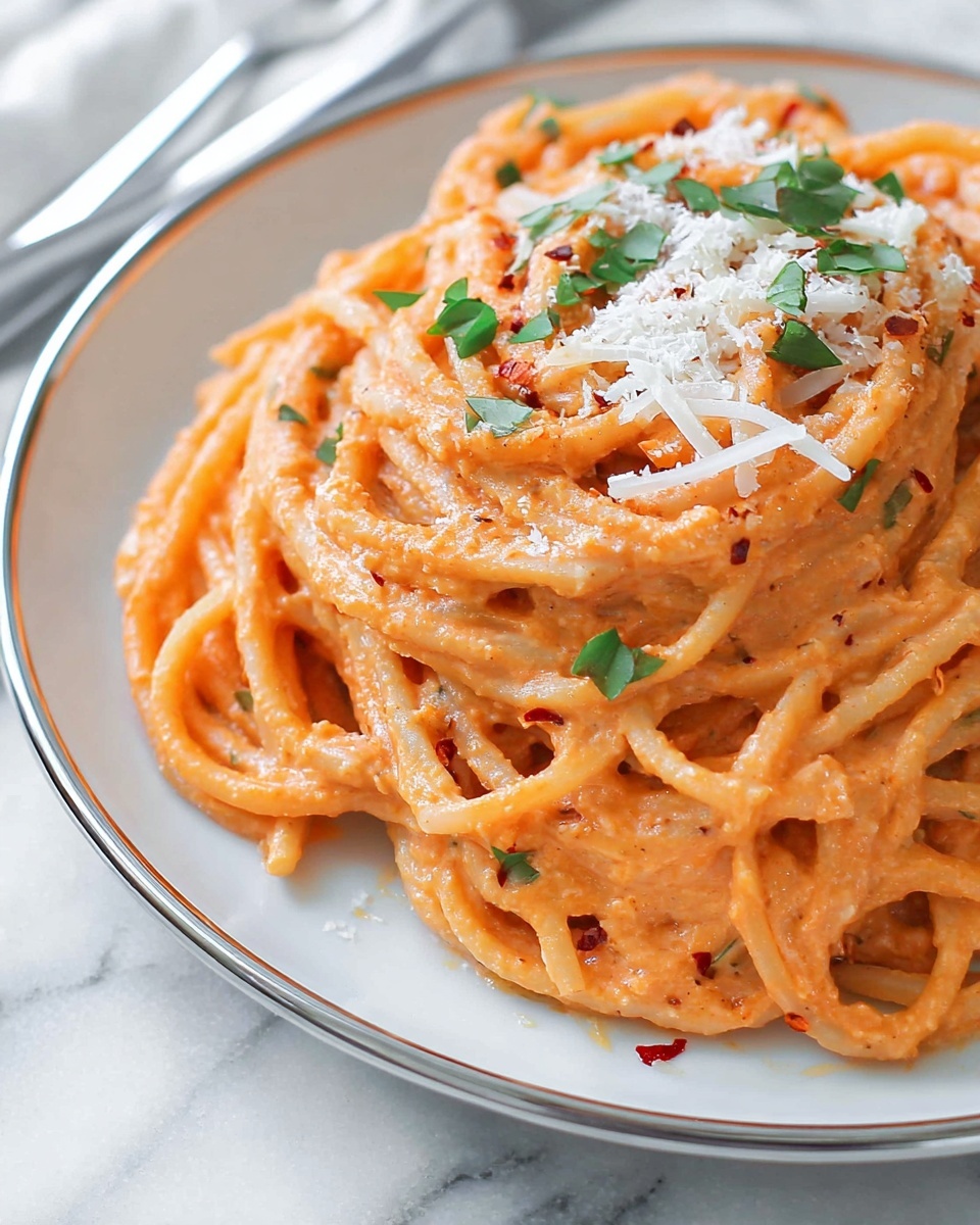 A close-up of a plate with a serving of spaghetti covered in creamy orange tomato sauce, mixed well to coat the noodles evenly. There are small bits of herbs and red chili flakes sprinkled across the pasta. On top, there is a light layer of shredded white cheese and small green herb leaves for garnish. The spaghetti is placed on a white plate with a thin metallic rim and set on a white marbled surface. Photo taken with an iphone --ar 4:5 --v 7