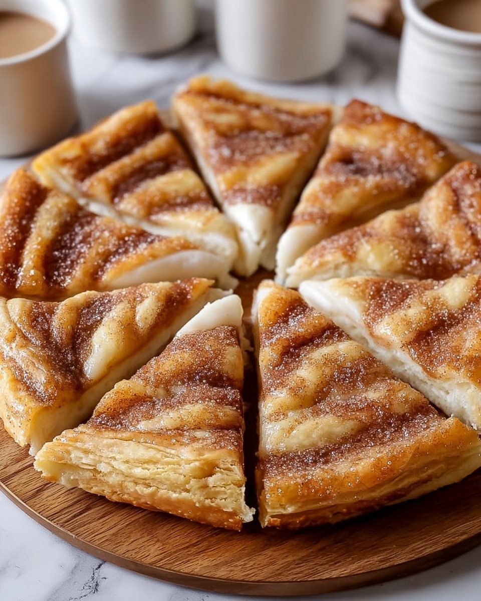 A round pastry is sliced into eight even pieces on a wooden board. Each slice has three visible layers: a light golden-brown crust on the edges, a soft white inner layer, and a top layer swirled with darker caramel brown cinnamon sugar. The cinnamon sugar is spread in wavy lines across each slice, sparkling slightly with sugar crystals. The edges look flaky and puffed, creating a soft, layered texture on top. The background is a white marbled surface with some white cups and containers softly out of focus in the background. photo taken with an iphone --ar 4:5 --v 7