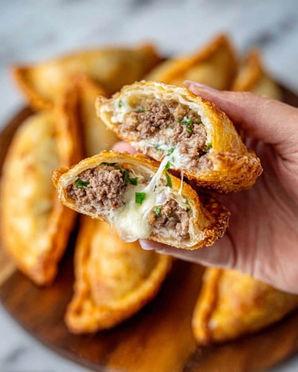 A close-up image shows a golden-brown fried empanada held by a woman's hand, torn open to reveal its filling. Inside, there are visible layers of cooked ground meat with a slightly crumbly texture, melted creamy white cheese that looks soft and stringy, and small bits of green herbs scattered throughout. In the blurred background, several similar empanadas are placed on a wooden surface. The whole scene is set on a white marbled texture. photo taken with an iphone --ar 4:5 --v 7