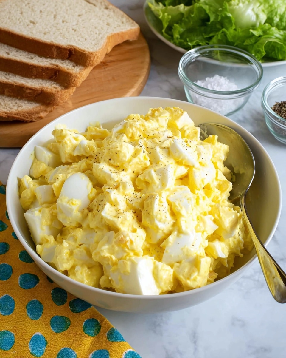 The image shows a white bowl filled with creamy egg salad. The egg salad has two layers of yellow and white pieces mixed with a smooth, pale yellow dressing. There is a silver spoon resting inside the bowl on the right side. Behind the bowl, there are slices of light brown bread, fresh green lettuce leaves, and small glass bowls with white salt and black pepper. The setting is on a white marbled surface with a yellow cloth patterned with blue and green shapes on the left side. photo taken with an iphone --ar 4:5 --v 7