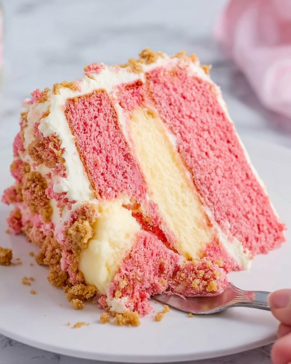 A slice of pink cake with three thick layers is shown on a white plate on a white marbled surface. The top and bottom layers are bright pink and fluffy with a soft texture, while the middle layer is a creamy, pale yellow color, smooth and dense. The cake is coated with white frosting, sprinkled with crunchy golden-brown crumbs mixed with pink crumbs all around. A woman's hand holds a fork with a small piece of cake on it, resting next to the slice. photo taken with an iphone --ar 4:5 --v 7
