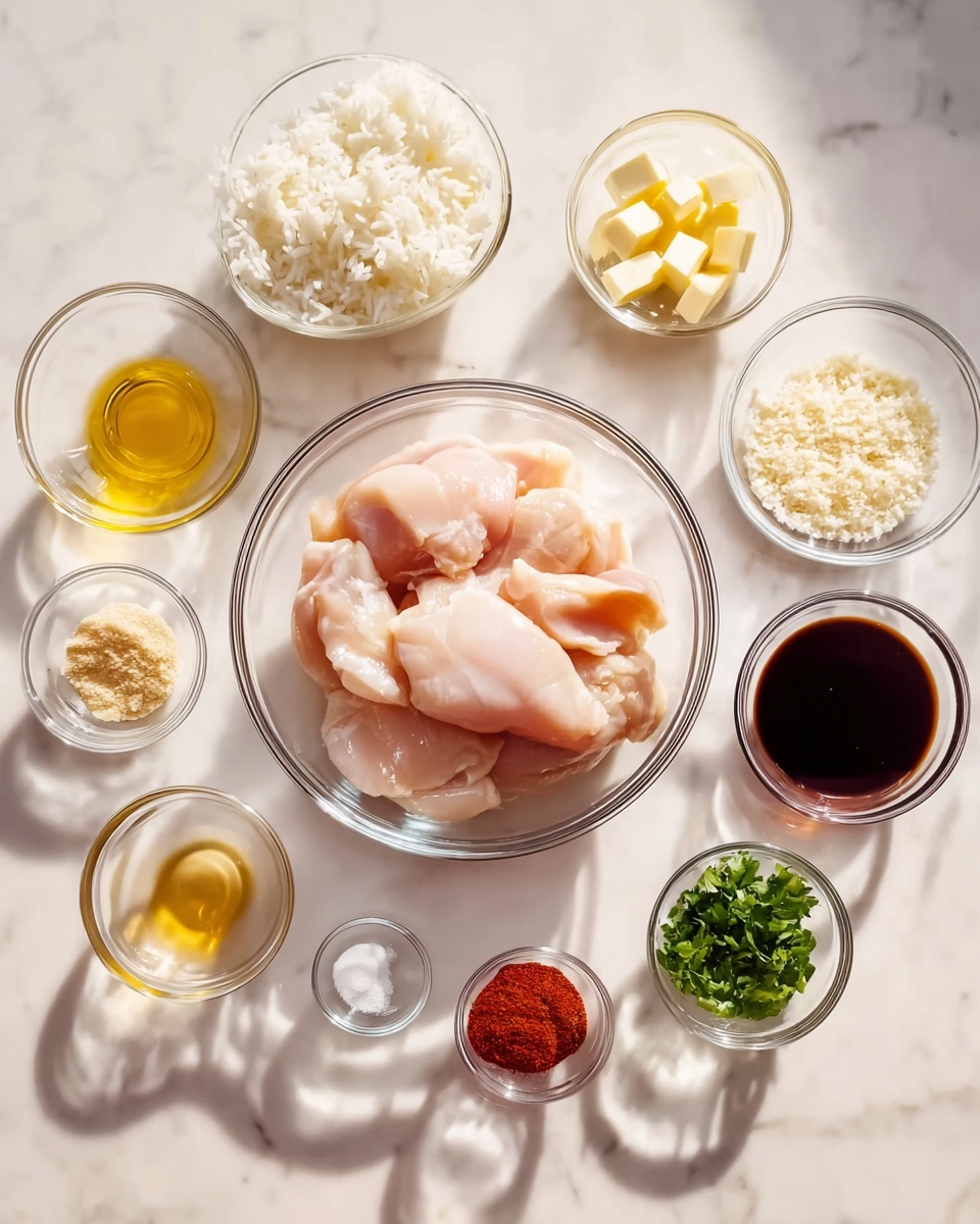 A large clear glass bowl in the center holds several raw, pale pink pieces of chicken with smooth texture. Surrounding this bowl are smaller clear glass bowls arranged in a loose circle on a white marbled surface. These smaller bowls contain various ingredients with different textures and colors: white plain rice in a white bowl, small yellow cubes of butter, white crumbled cheese, white powder, dark amber honey, light yellow paste, bright red powder, fresh green chopped herbs, light beige powder, clear liquid, and dark brown soy sauce-like liquid. Soft natural light casts gentle shadows, giving a fresh and clean look to the organized setup. Photo taken with an iphone --ar 4:5 --v 7