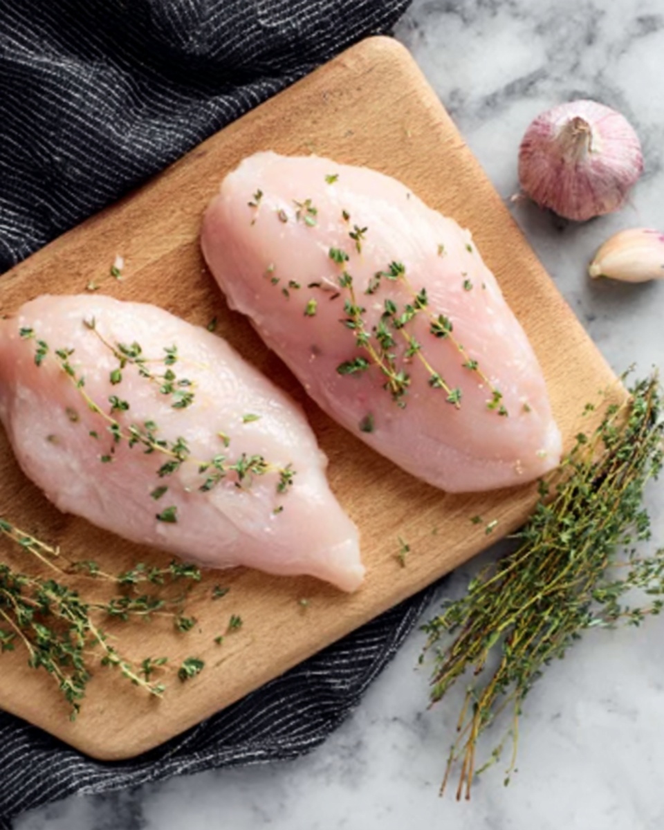 Two raw chicken pieces lay side by side on a light wooden cutting board. Each piece is pale pink with a smooth texture and topped with small green thyme sprigs. To the right, there is a garlic clove and some more thyme bunches. The surface under the board is a white marbled texture with a dark cloth partially visible beneath it. Photo taken with an iphone --ar 4:5 --v 7