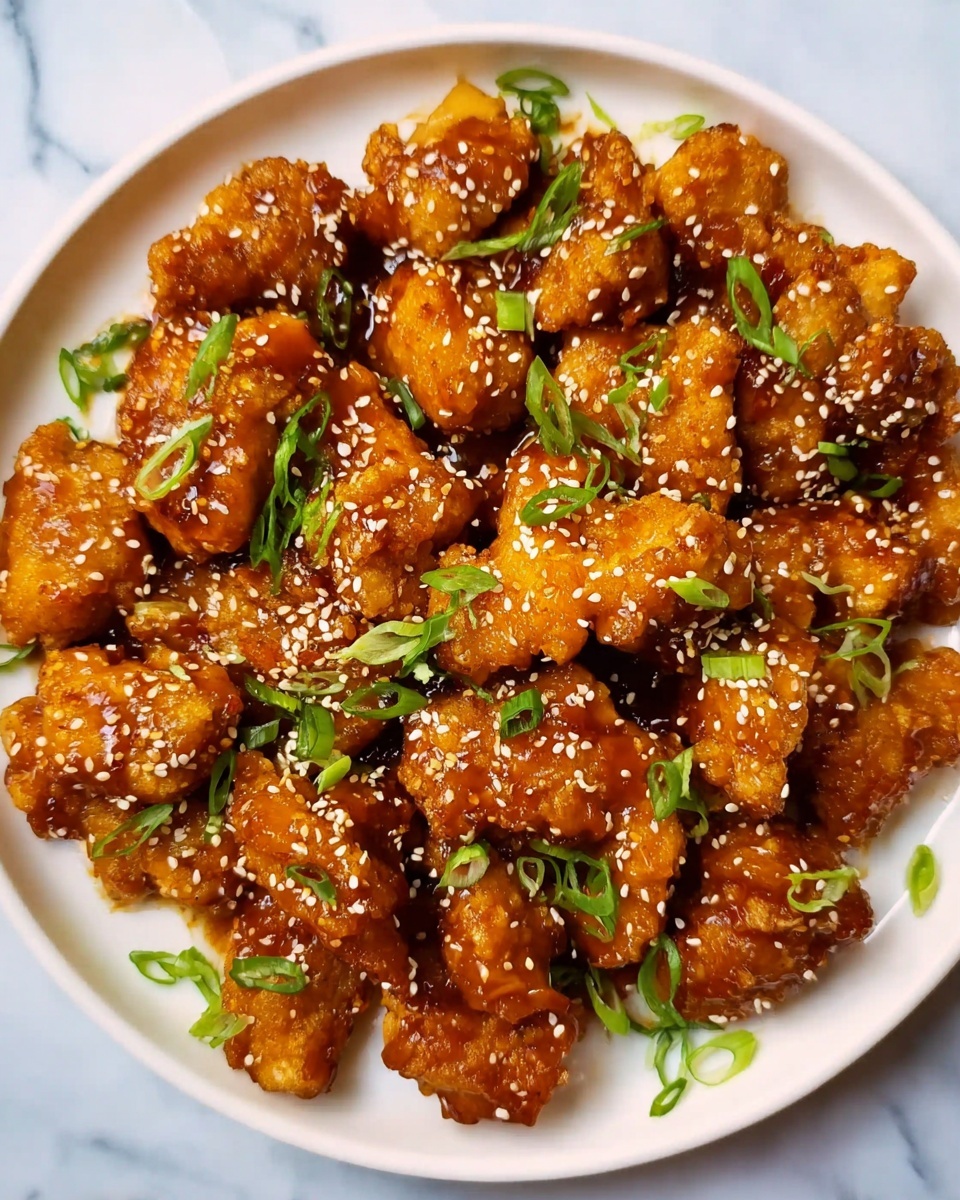 A white plate filled with many pieces of golden brown fried chicken bites evenly coated in a shiny brown sauce. The chicken is topped with small, white sesame seeds scattered all over, and thinly sliced green onions sprinkled on top, adding a fresh green color contrast. The plate sits on a white marbled surface. photo taken with an iphone --ar 4:5 --v 7