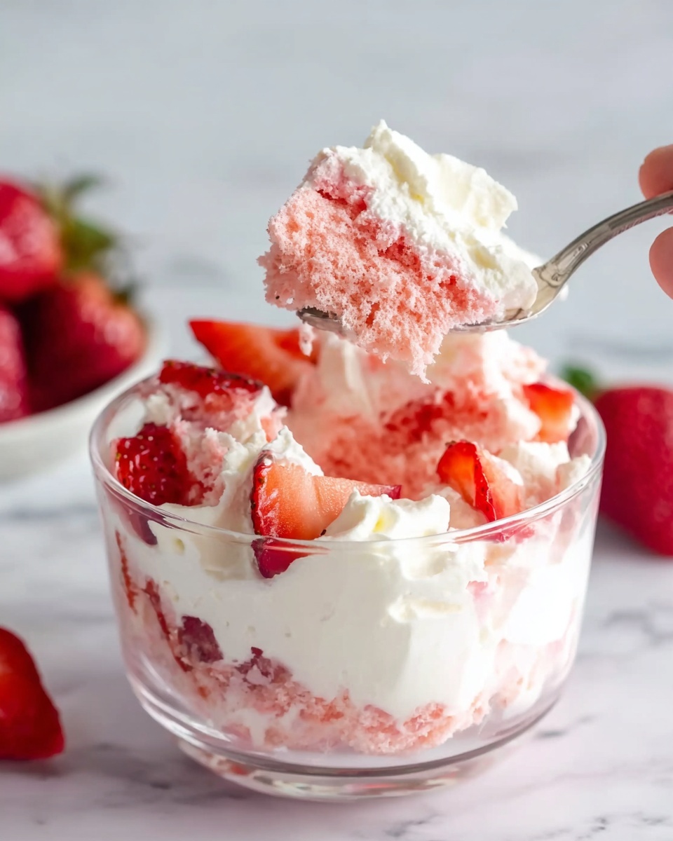 The image shows a clear glass bowl with a close-up view of a layered strawberry dessert. At the bottom, there is a thick layer of white whipped cream with a smooth texture. Above it, there is a pink sponge cake layer with a soft, airy texture, topped by more dollops of whipped cream. Fresh, bright red strawberry halves with seeds and juicy texture are placed on top and between the layers, adding a fresh look. A spoon holding a bite-size piece of the cake and cream is partially visible with a woman's hand holding it off to the side. The background is a white marbled surface with some whole strawberries blurred in the distance. photo taken with an iphone --ar 4:5 --v 7