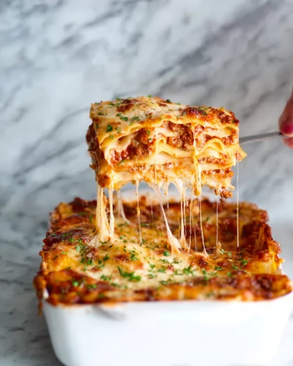 The image shows a white dish filled with layered lasagna. The top layer is golden brown melted cheese with some small green herb sprinkles. As a slice is lifted by a woman’s hand, long, stretchy cheese pulls away, creating thin cheese strings connecting the slice to the dish. Below the cheese, you can see layers of soft pasta sheets and a thick, rich red sauce with bits of meat. The background is a white marbled surface, bringing focus to the colorful, textured lasagna. Photo taken with an iphone --ar 4:5 --v 7