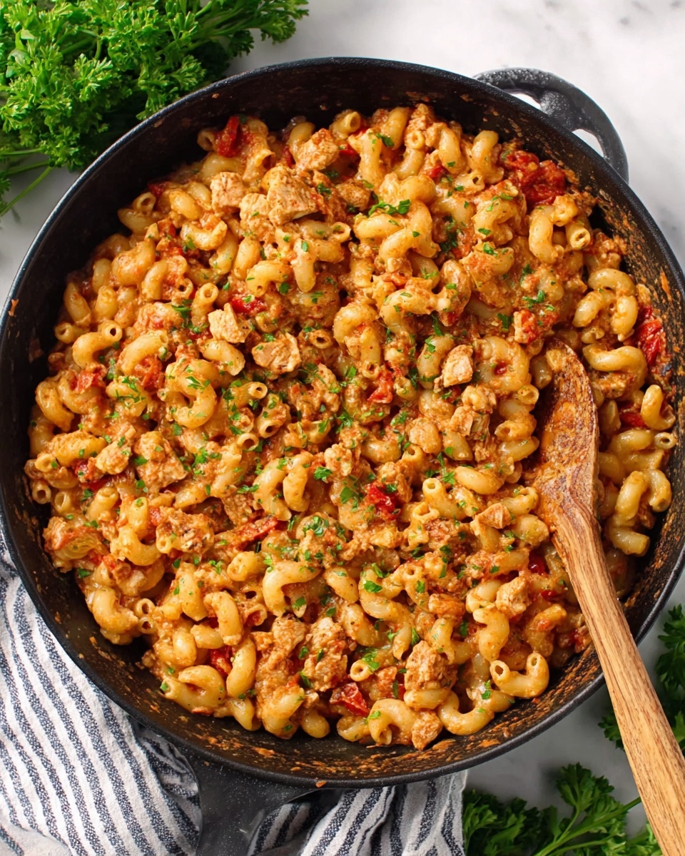 A black skillet filled with cooked elbow macaroni pasta mixed with a creamy, reddish sauce evenly coating the noodles. Small pieces of cooked chicken and red bell peppers are scattered throughout the pasta. The dish is garnished with finely chopped green herbs on top. A wooden spoon rests on the edge of the skillet, slightly inside the pasta. The skillet is placed on a white marbled surface, with a striped cloth and some fresh parsley nearby. Photo taken with an iphone --ar 4:5 --v 7