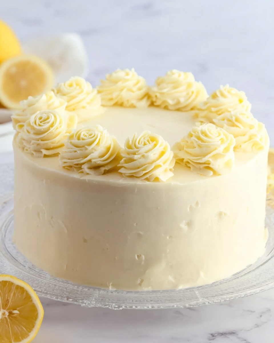 A round cake with smooth, pale yellow frosting covers all sides evenly. On top, there are eight swirls of light yellow cream arranged in a circle near the edge, each swirl showing soft, curly textures. The cake is on a clear glass plate with simple design, placed on a white marbled surface. In the background, slightly out of focus, there are a few lemon wedges adding a fresh touch. The overall look is clean, soft, and bright, showing a simple but elegant lemon-flavored cake. Photo taken with an iphone --ar 4:5 --v 7