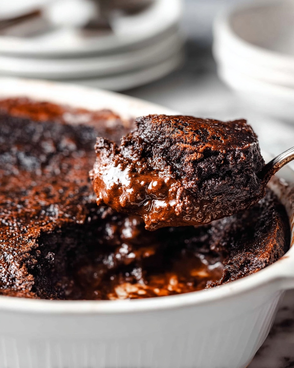 A close-up of a dark brown chocolate dessert in a white baking dish, showing a shiny, moist, and slightly bubbly texture on top with uneven, crackled layers. A spoon lifts a portion from the dish, revealing gooey, sticky chocolate inside with a rich, dense texture. The dish sits on a white marbled surface, with a stack of white bowls blurred in the background. The scene looks warm and inviting. Photo taken with an iphone --ar 4:5 --v 7