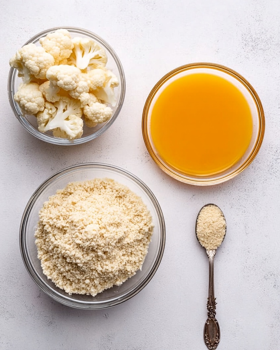 The image shows three clear glass bowls on a white marbled surface. The bowl on the left has cauliflower pieces that are white with a bumpy texture and round shapes filling the bowl. The middle bowl holds a bright orange liquid with a smooth texture, centered in the bowl. The bowl on the right contains light beige breadcrumbs with a crumbly texture, and a metal spoon with an ornate handle rests beside it on the right. Photo taken with an iphone --ar 4:5 --v 7