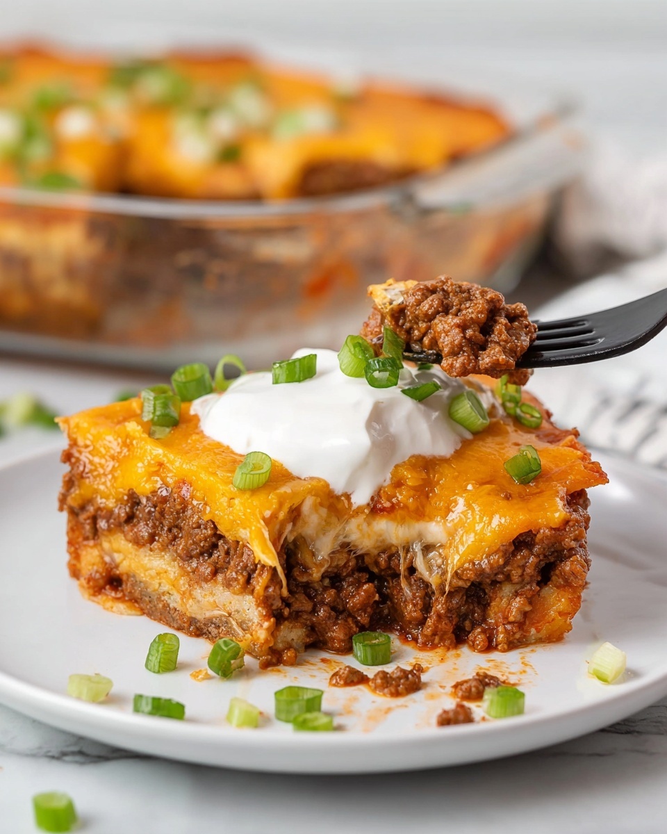 A thick slice of layered dish sits on a white plate with a bite taken out, showing three main layers from bottom to top: a base of browned minced meat, a middle layer of melted orange and white cheese, and a top layer covered with a dollop of white sour cream and small green onion pieces scattered over and around it; the plate rests on a white marbled surface, and in the background, a glass baking dish with the remaining pie is slightly blurred, with a black fork holding a chunk of the slice. photo taken with an iphone --ar 4:5 --v 7