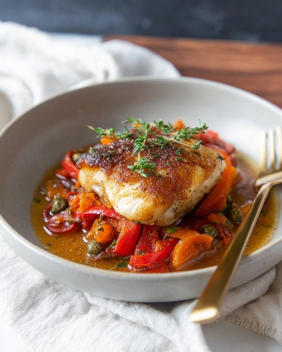 A piece of golden brown cooked fish with a slightly crispy surface sits on top of a colorful mix of red and orange cooked bell pepper strips and tomato chunks in a light brown sauce with green capers and small sprigs of fresh herbs. The dish is served in a deep white bowl with a shiny gold fork resting beside the food, placed on a white marbled surface with a soft white cloth partially visible under the bowl. photo taken with an iphone --ar 4:5 --v 7