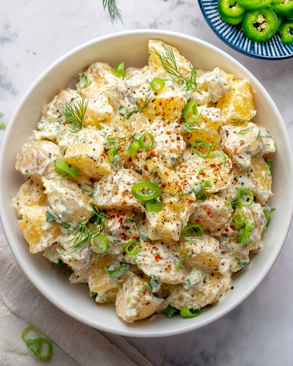 A white bowl filled with a creamy potato salad made of small chunks of yellow potatoes mixed with a thick white dressing. The salad is topped with sliced green onions scattered on top, and small sprigs of dill adding a fresh touch. There is a light dusting of black pepper and a hint of red spice over the salad. The bowl sits on a white marbled surface with a small blue and white bowl of green sliced chilies near the top right. The colors are soft with creamy white, pale yellow, and fresh green accents. Photo taken with an iphone --ar 4:5 --v 7
