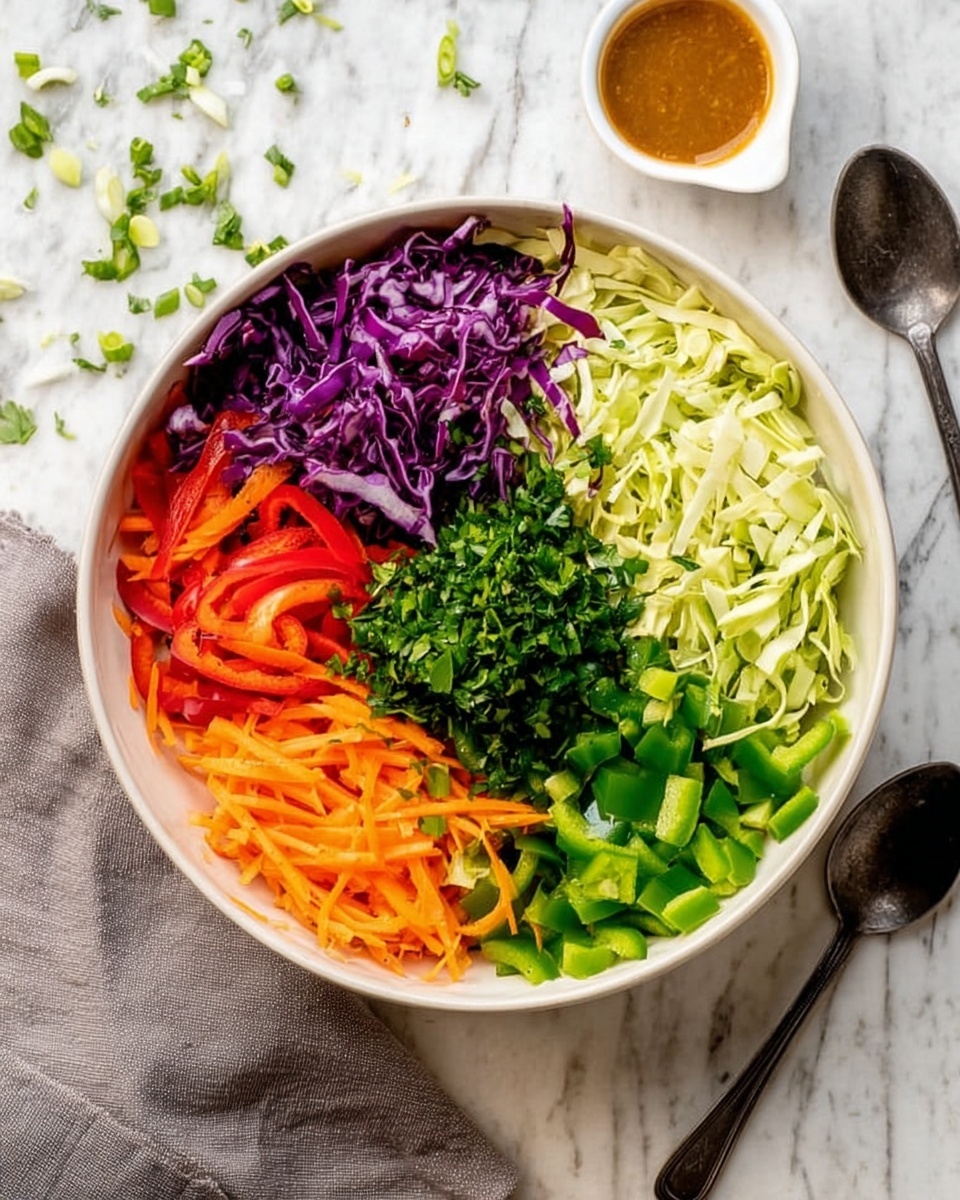 A white bowl holds six separate layers of fresh, colorful vegetables arranged neatly in sections: shredded purple cabbage in the top left, shredded light green cabbage in the top right, thinly sliced red bell pepper on the left, chopped green onions at the bottom left, chopped green bell pepper on the right, thin orange carrot sticks above the green bell pepper, and a heap of chopped green herbs in the center. Beside the bowl on the right are two dark spoons and a small white container with a brown sauce. The bowl rests on a white marbled surface with some scattered green herb pieces and a grey cloth at the bottom left. photo taken with an iphone --ar 4:5 --v 7