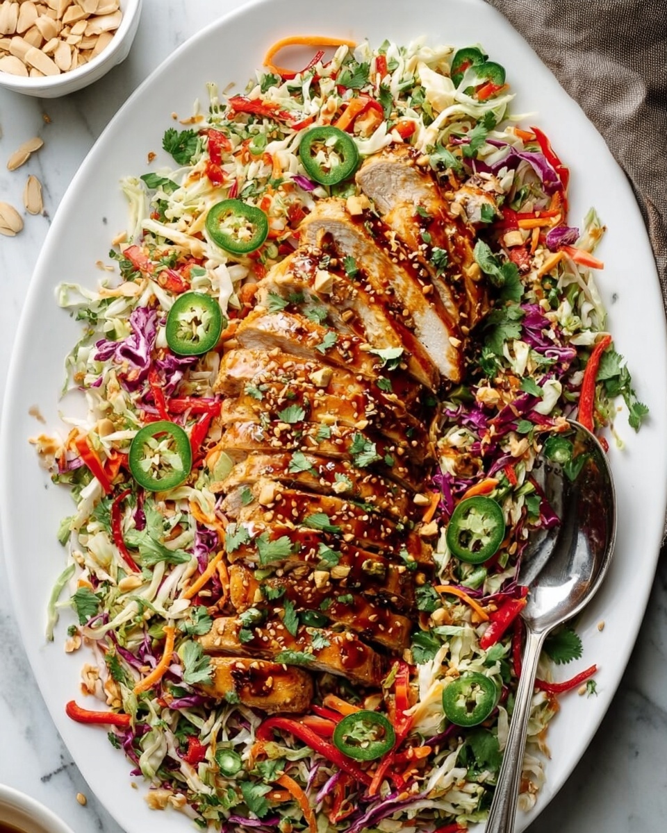 The image shows a white oval plate filled with a colorful salad base made of shredded green and purple cabbage, thin orange carrot strips, red bell pepper slices, and some green herbs. On top of this, there are two rows of sliced grilled chicken arranged neatly in the center. The chicken slices are golden brown with a shiny glaze and sprinkled with sesame seeds and chopped fresh herbs. There are slices of fresh green chili and onion rings scattered around the salad. A silver serving spoon and fork rest on the side of the plate. The plate sits on a white marbled surface with a few nuts and herbs scattered nearby. photo taken with an iphone --ar 4:5 --v 7