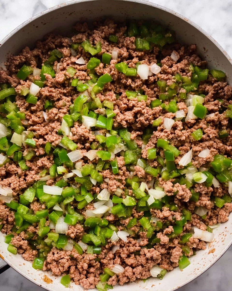 In a large white pan, there is one layer of cooked ground meat mixed evenly with small pieces of green bell pepper and diced white onions. The colors are mostly brown from the meat, with green and white bits scattered throughout, creating a textured mix. The background is a white marbled surface. photo taken with an iphone --ar 4:5 --v 7