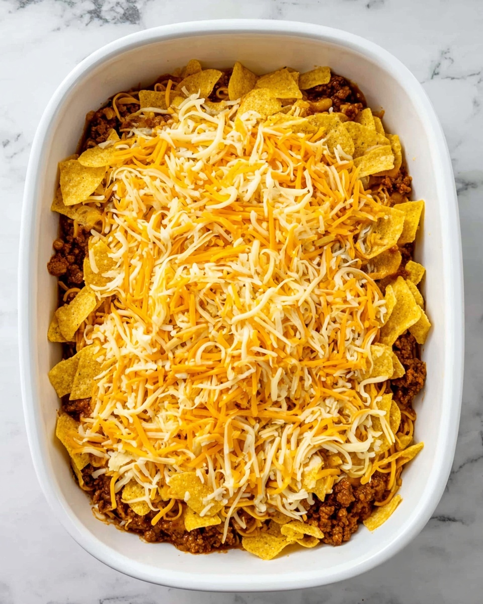 This image shows a white oval baking dish filled with a layered casserole. The bottom layer is ground meat cooked in a brown sauce with visible crumbled texture. On top of that, there is a thick layer of broken, yellowish corn chips scattered unevenly. The top layer is a generous pile of shredded cheese in mixed colors of pale yellow and orange, spread fully across the dish but not pressed down. The dish sits on a white marbled surface with subtle gray veins. photo taken with an iphone --ar 4:5 --v 7