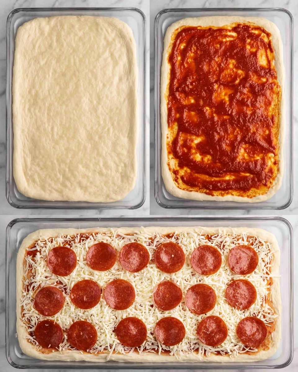 The image shows three steps of making a rectangular pizza dough on a clear glass tray placed on a white marbled surface. The first step shows a plain light beige rectangular dough spread evenly in the tray. The second step shows the same dough with a thick layer of reddish-orange tomato sauce spread evenly over the surface, leaving a small border. The third step shows the sauce-covered dough topped with a generous layer of shredded white cheese, and round reddish-brown pepperoni slices scattered evenly on top. Photo taken with an iphone --ar 4:5 --v 7