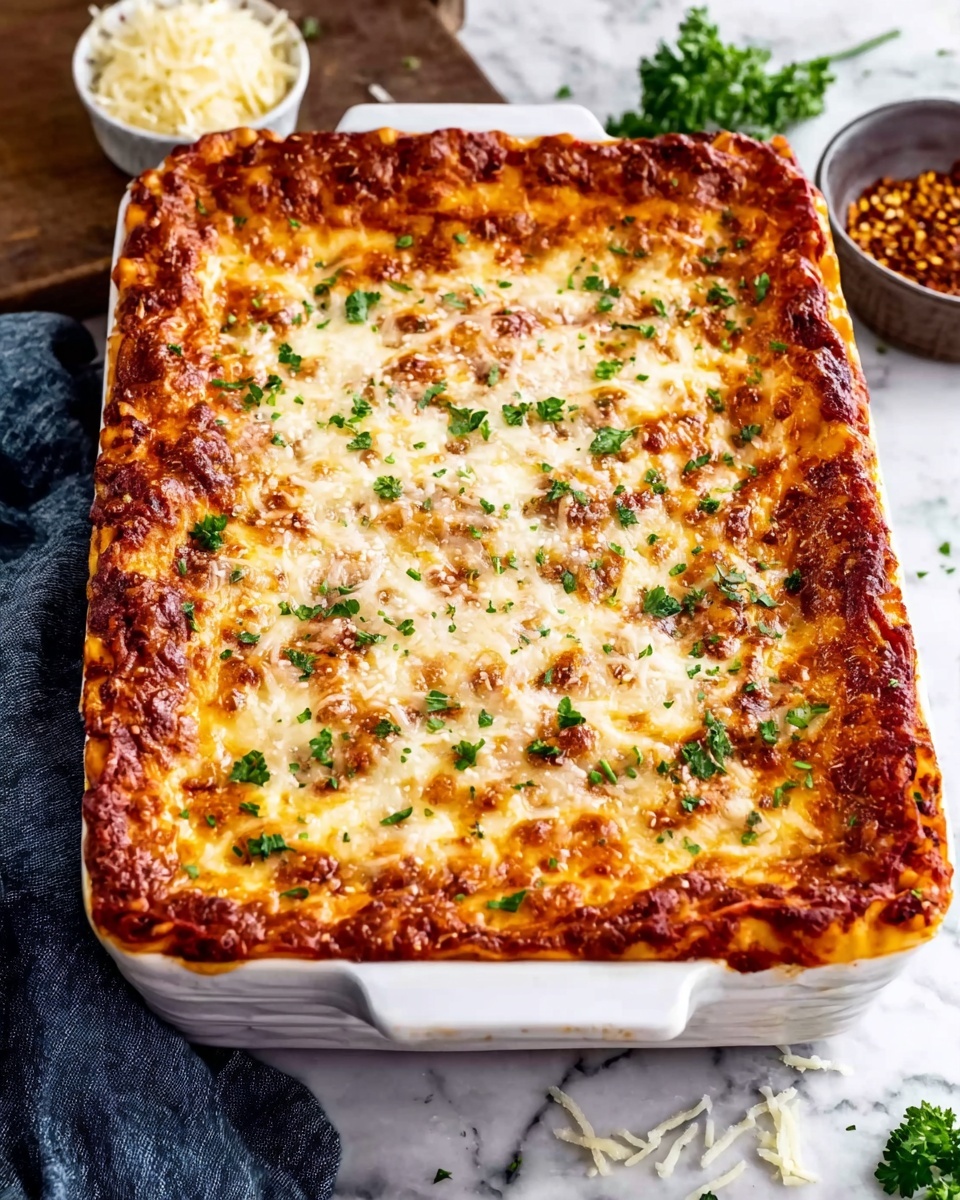 A square white baking dish filled with a layered lasagna, topped with a golden melted cheese layer that is slightly browned in some spots, and sprinkled with small green parsley leaves scattered evenly across the top. The lasagna shows a thick red sauce layer beneath the cheese around the edges. It sits on a white marbled surface with a folded blue cloth and a small white bowl of crushed red pepper flakes nearby, with some loose cheese shreds scattered around. Photo taken with an iphone --ar 4:5 --v 7