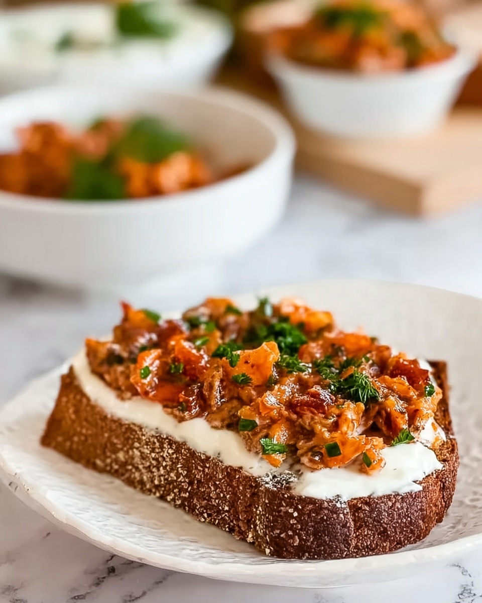 The image shows a single slice of dark, dense bread topped with a creamy white layer of sauce spread evenly on the surface. On top of the sauce, there is a chunky, reddish-orange mixture with visible small green herbs, giving it a textured look. The bread slice is placed on a white plate with a subtle pattern. In the blurred background, there are two white bowls filled with food, resting on a white marbled surface. Photo taken with an iphone --ar 4:5 --v 7