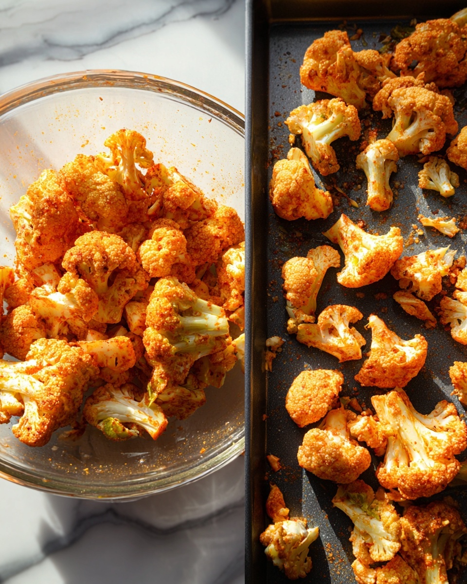 The image shows two parts: on the left, many pieces of cauliflower in a clear glass bowl, covered with orange-red spices giving them a textured, slightly rough look; on the right, the cauliflower pieces are spread out on a black baking tray, showing a crispy, roasted surface with hints of brown and orange, unevenly scattered with small bits of seasoning. The white marbled surface beneath the bowl and tray is visible, and soft sunlight highlights the rough textures and warm colors of the cauliflower. photo taken with an iphone --ar 4:5 --v 7