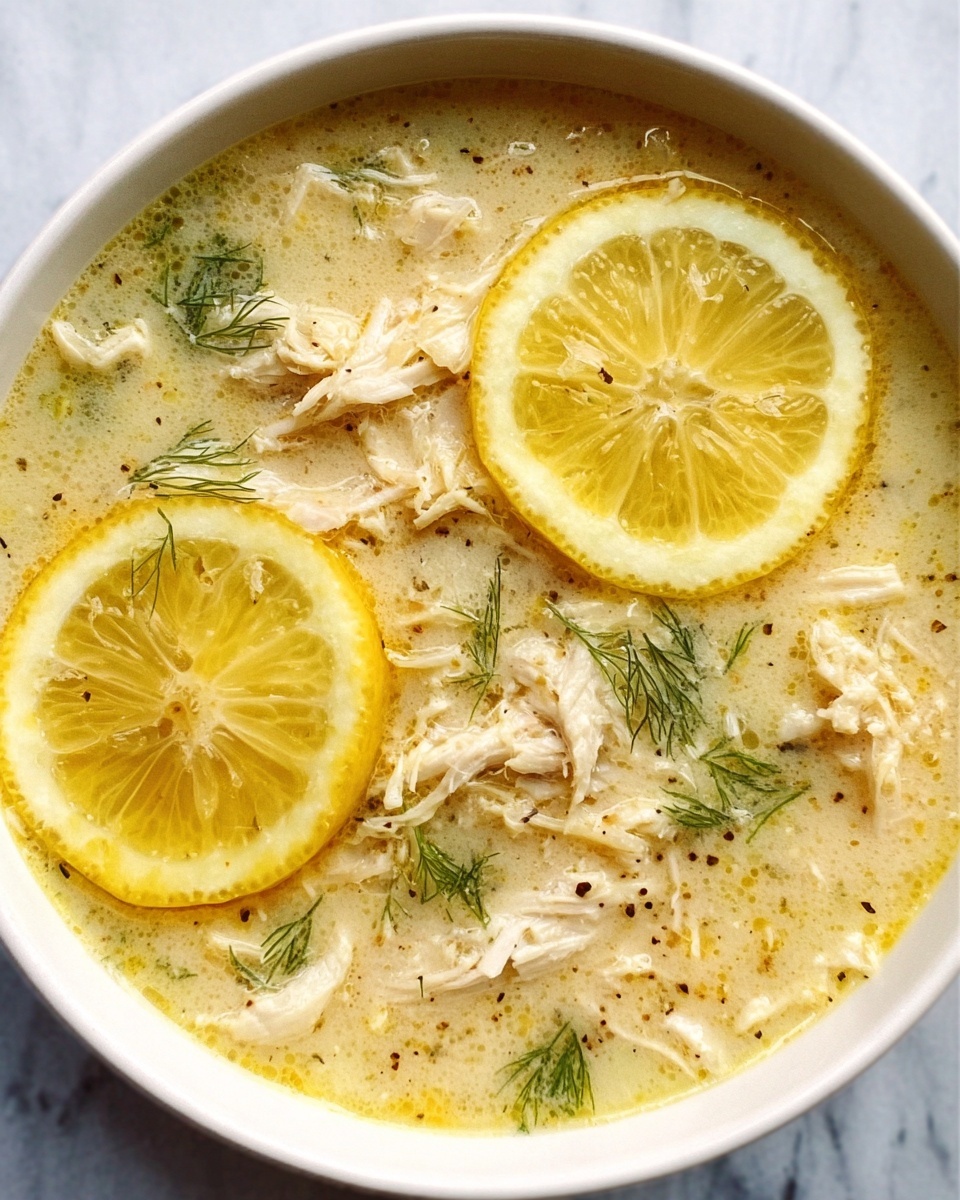 A white bowl filled with creamy lemon chicken soup, showing two bright yellow lemon slices floating on top. The soup has shredded chicken pieces spread throughout, with small green dill leaves scattered on the surface. The creamy broth is light yellow with visible small black pepper specks. The bowl is placed on a white marbled surface. photo taken with an iphone --ar 4:5 --v 7