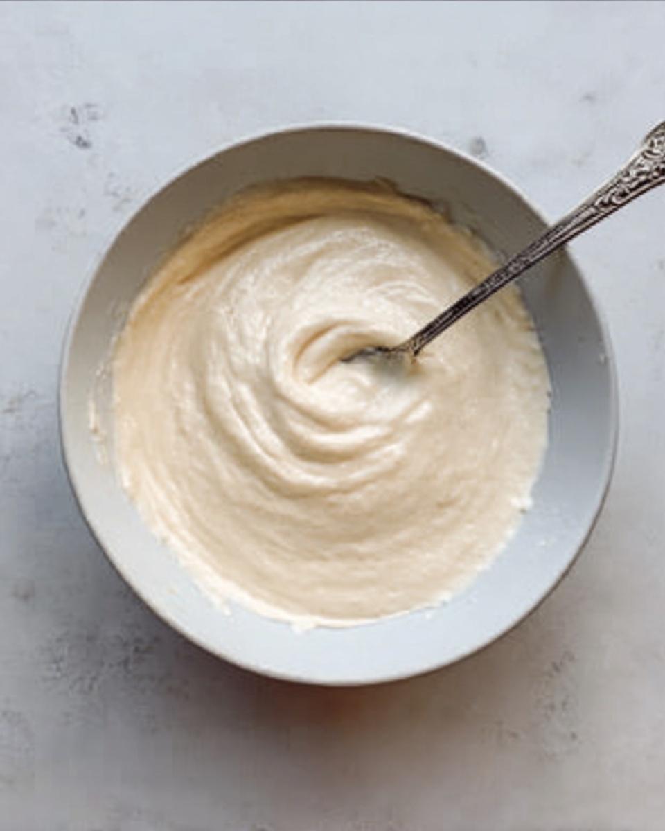 A white bowl filled with thick, creamy, pale beige batter with soft swirls on the surface. A silver spoon with a detailed handle is dipped into the batter, resting on the side inside the bowl. The bowl sits on a white marbled surface. photo taken with an iphone --ar 4:5 --v 7