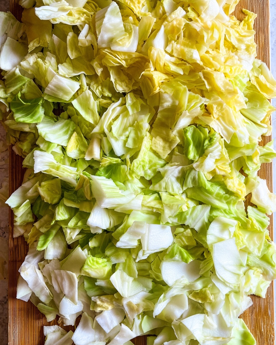 A close-up view of a wooden cutting board covered with roughly chopped cabbage pieces showing different shades of green and white. The cabbage pieces vary in size and texture, from flat, thin, pale green leaves to thicker, more curled yellowish-white sections, spread evenly across the surface. The background is a white marbled texture. photo taken with an iphone --ar 4:5 --v 7