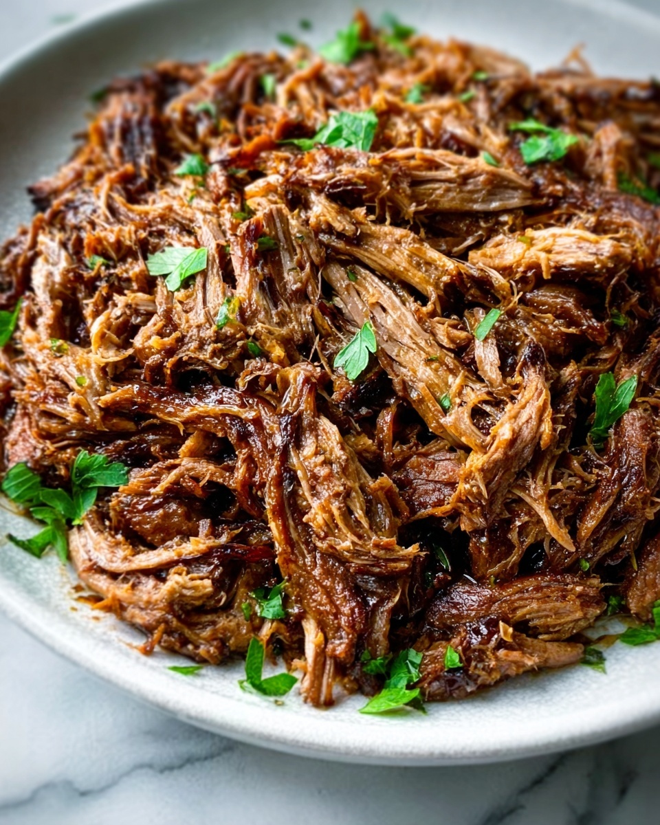 The image shows a white plate full of shredded meat that looks tender and juicy, with dark brown colors and crispy bits mixed in. The meat strands are uneven and layered in a loose pile, with small green parsley leaves scattered on top for a splash of bright green. The background is a white marbled surface, adding a clean and simple look to the picture. photo taken with an iphone --ar 4:5 --v 7