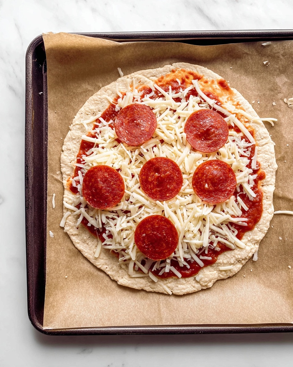 A round pizza on a sheet pan lined with brown parchment paper has three visible layers: the bottom light tan crust with a slightly rough, homemade texture, a smooth red tomato sauce spread evenly but not too thick, and a layer of shredded off-white cheese mostly covering the sauce. Five semi-circle red pepperoni slices are spaced evenly on top of the cheese, adding a touch of deeper red color. The sheet pan has a dark metallic color and is placed on a white marbled surface. photo taken with an iphone --ar 4:5 --v 7