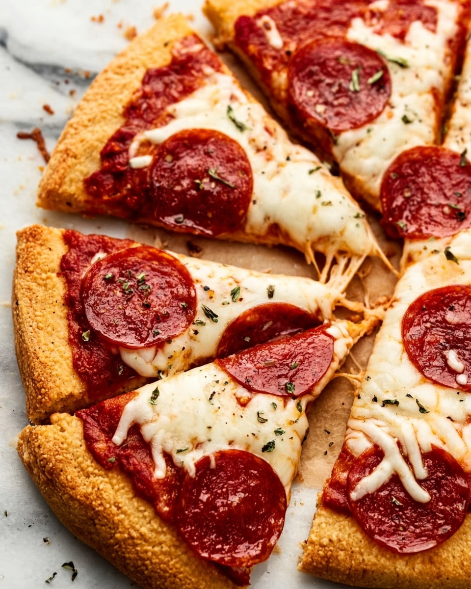 A close-up of a sliced pizza on a white marbled surface, showing thick golden-brown crust with a soft texture. On top of the crust is a layer of bright red tomato sauce, covered with melted stretchy white cheese. Large round slices of dark red pepperoni are placed evenly across the cheese, with some small herbs sprinkled on top. The pizza is cut into several triangular pieces, with one slice slightly pulled away from the others. Photo taken with an iphone --ar 4:5 --v 7