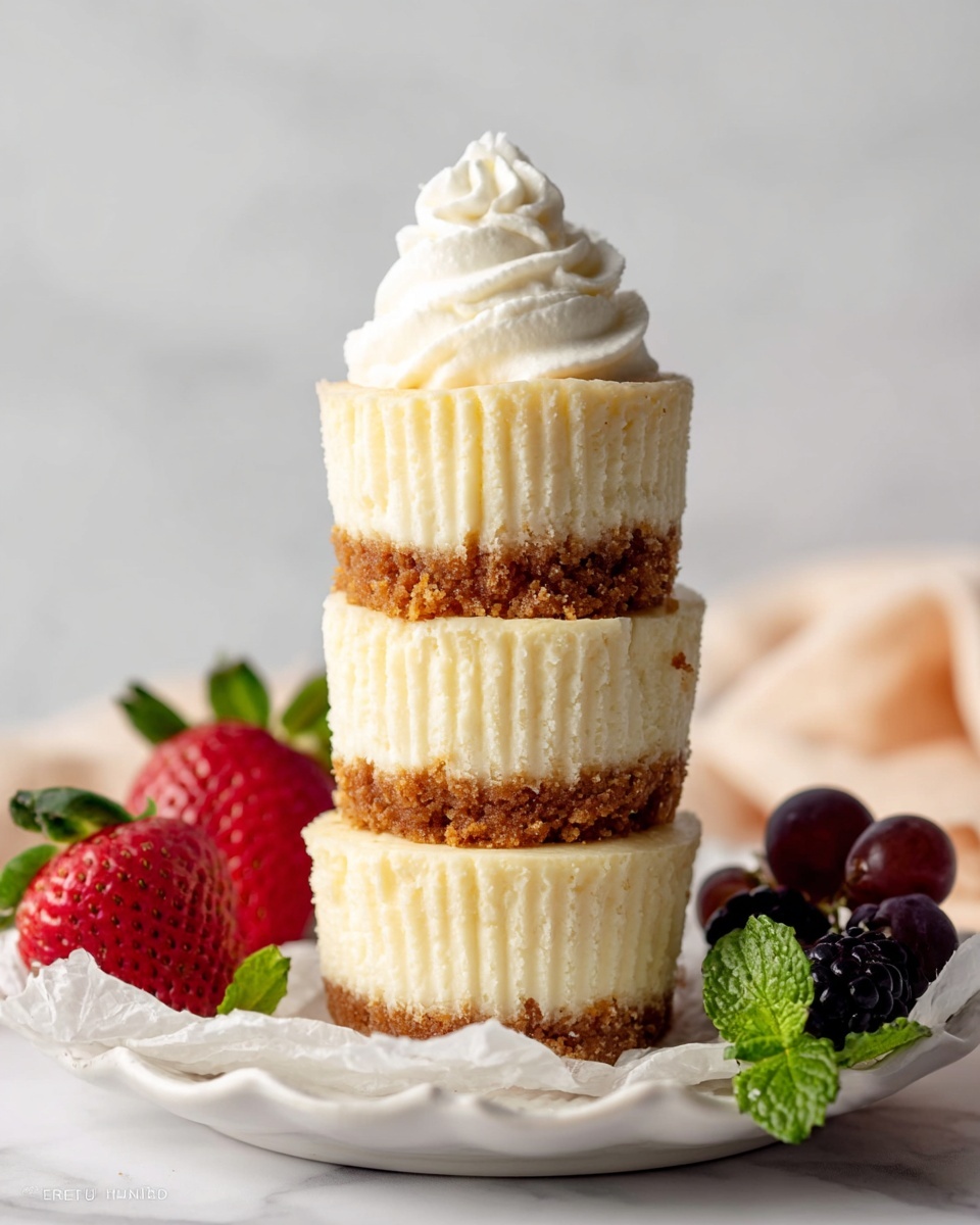 The image shows a stack of three small cheesecakes placed on white crinkled paper on a white plate with a scalloped edge, all set on a white marbled surface. Each cheesecake has two layers: a thick creamy pale yellow cheesecake top and a thinner brown crumbly crust bottom. The top cheesecake is decorated with a swirl of white whipped cream. Around the plate, there are bright red strawberries on the left and dark purple blackberries, a small grape, and green mint leaves on the right. Photo taken with an iphone --ar 4:5 --v 7