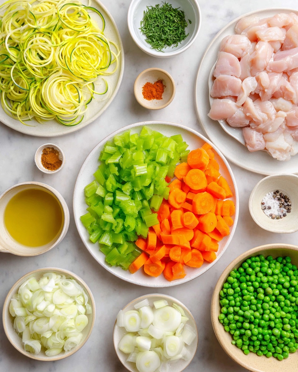 The image shows a top view of various ingredients arranged neatly on a white marbled surface. In the center, there is a white plate filled with two layers: the left half has bright green celery slices, and the right half has orange carrot slices, both fresh and vibrant. To the upper left, a white plate holds thin, yellow-green spiralized vegetable strips. To the upper right, a white plate contains raw, smooth pale pink chicken pieces. Nearby are small bowls with finely chopped green herbs, minced garlic, and three different powders or spices in one dish. Additional white bowls hold chopped white onions and green peas. A small beige bowl with golden olive oil sits near the center, along with tiny dishes containing salt and black pepper. The colors are fresh and bright, contrasting well against the clean white marbled background. photo taken with an iphone --ar 4:5 --v 7