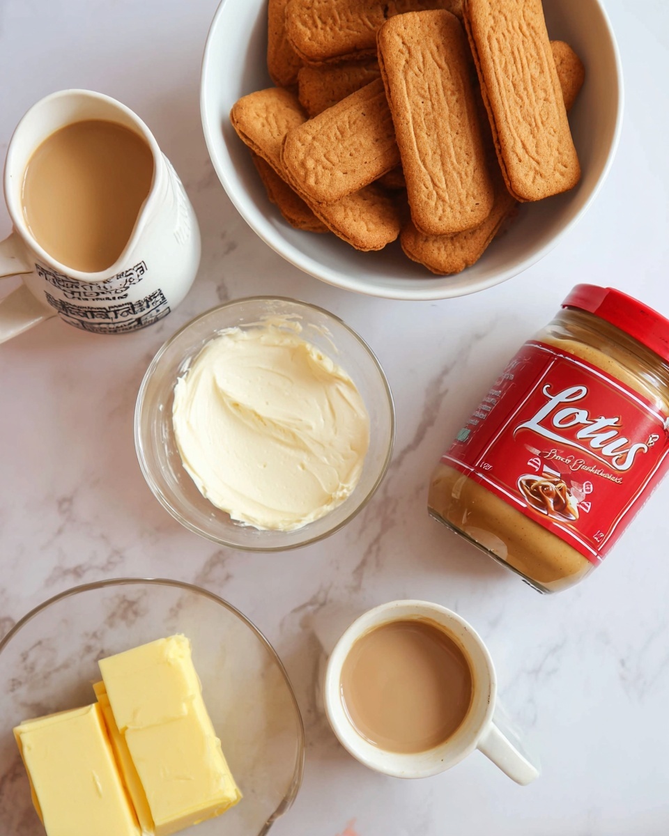 A top view shows a white bowl filled with rectangular golden-brown Lotus biscuits. Nearby, a white bowl contains smooth, creamy white spread. There is a glass bowl holding a solid yellow slab of butter and a white jug decorated with black text, filled with light beige liquid. A jar of Lotus Biscoff spread with a red lid and red and white label stands on a white marbled surface. The arrangement is simple and bright, with soft natural light highlighting the textures. photo taken with an iphone --ar 4:5 --v 7
