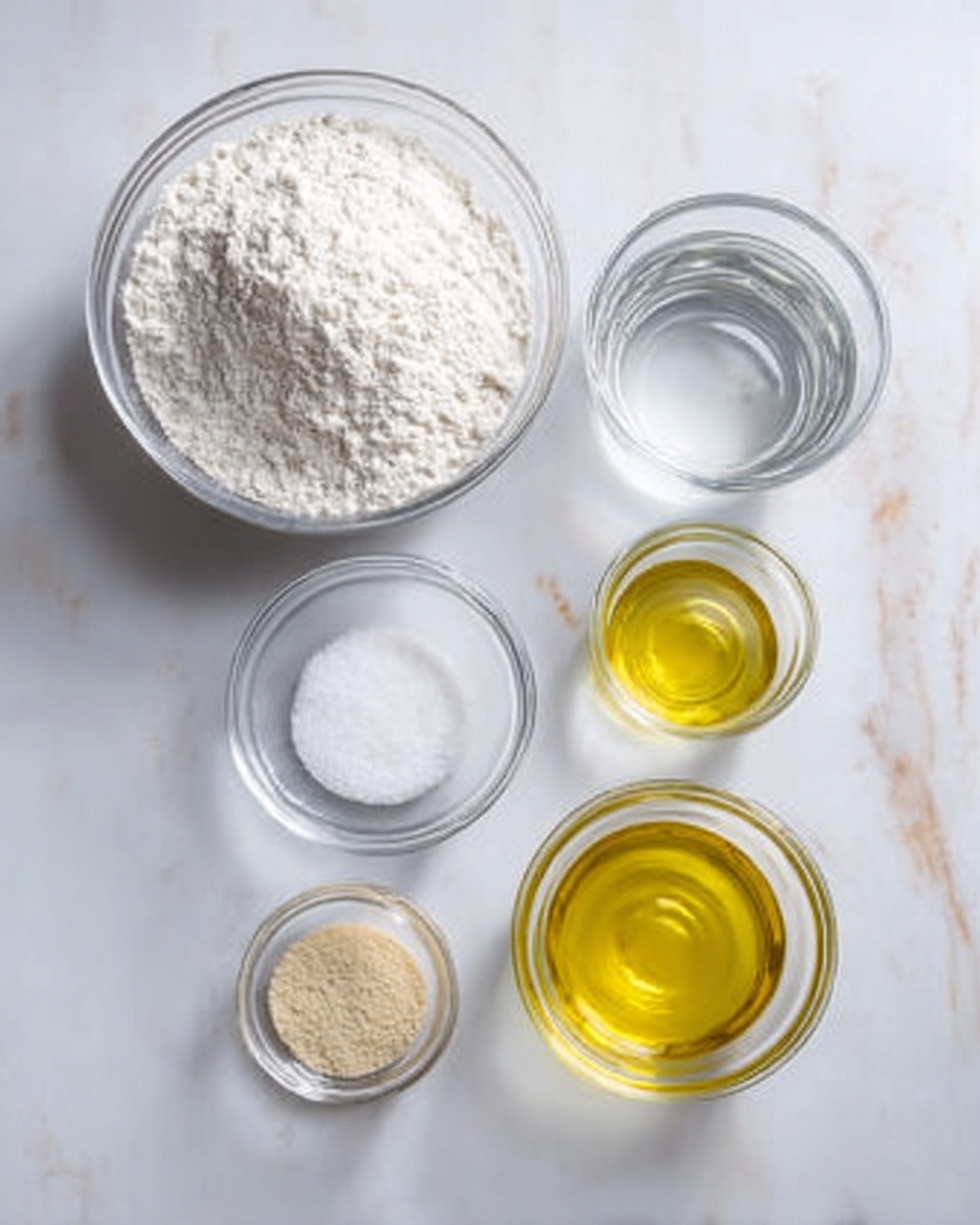 The image shows six small clear glass bowls arranged on a white marbled surface. The biggest bowl is filled with white flour and placed at the top left. A medium-sized bowl with clear water is on the top right. Below these, four smaller bowls hold different ingredients: white salt, white sugar, light brown yeast, and golden yellow oil. The ingredients are separate and neatly arranged, creating a clean and organized look. photo taken with an iphone --ar 4:5 --v 7