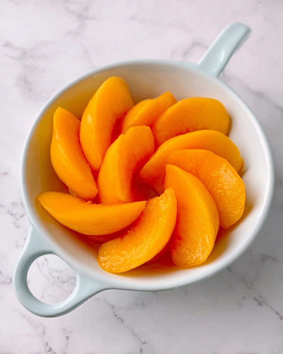 The image shows a small white bowl filled with bright orange peach slices arranged in a circular pattern, with the curved edges facing up and the inner sides down, creating a layered flower-like shape. The bowl has a handle on the side and sits on a white marbled surface. The peach slices have a smooth, slightly glossy texture, and the overall look is fresh and colorful. Photo taken with an iphone --ar 4:5 --v 7