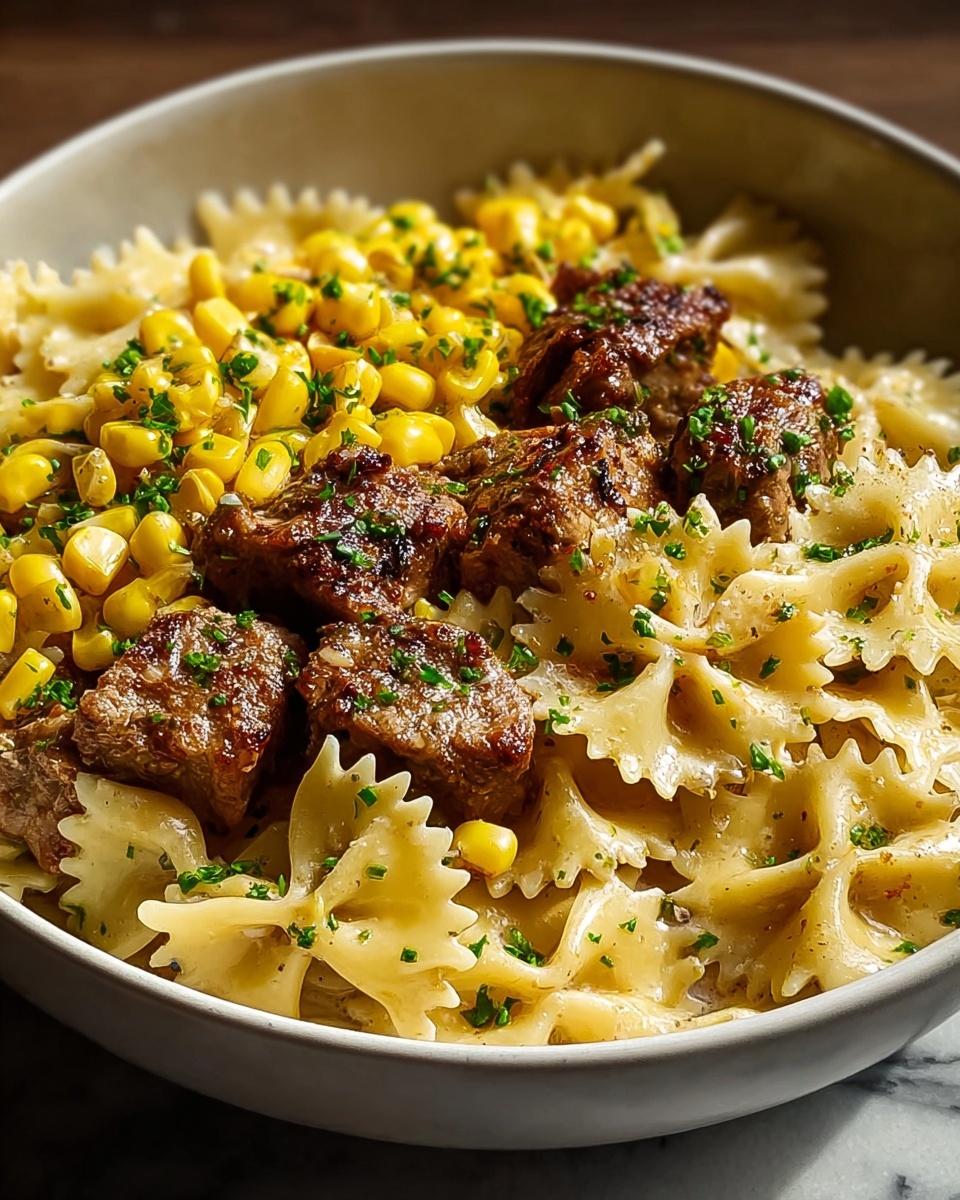 A white bowl holds a pasta dish with three main layers: the bottom layer is creamy yellow farfalle pasta with a smooth texture, the middle layer has small to medium-sized chunks of browned meat that look slightly crispy and seasoned, and the top layer is decorated with bright yellow corn kernels and finely chopped green herbs scattered across the dish. The food is presented on a white marbled surface, and natural light highlights the softness of the pasta and the juiciness of the meat, creating a warm and inviting look. photo taken with an iphone --ar 4:5 --v 7