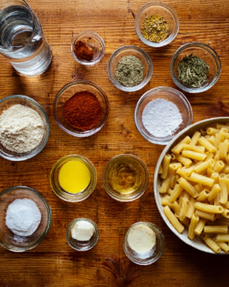 The image shows a wooden table with small clear glass bowls arranged on it, each holding different cooking ingredients. There is a transparent jug of water, bowls with various spices including red powder, salt, and herbs, and other bowls containing flour, grated cheese, a yellow liquid like melted butter or oil, and a small amount of a white creamy substance. On the right side, a larger white bowl is filled with uncooked short tube-shaped pasta. The bowls are neatly spread in rows on the wooden surface, with the texture and color of ingredients clearly visible. photo taken with an iphone --ar 4:5 --v 7