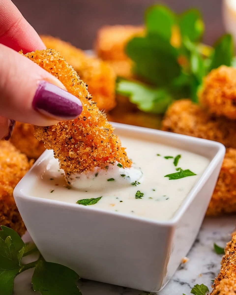A close-up image shows a woman's hand with purple nail polish dipping a golden brown, crispy textured stick into a small white square bowl filled with creamy white sauce, which has small green herb pieces on top. In the blurred background, there are more crispy sticks and fresh green parsley on a white marbled surface. The overall scene emphasizes the crunchy texture of the stick and the smoothness of the dipping sauce, with warm lighting enhancing the food's colors. photo taken with an iphone --ar 4:5 --v 7