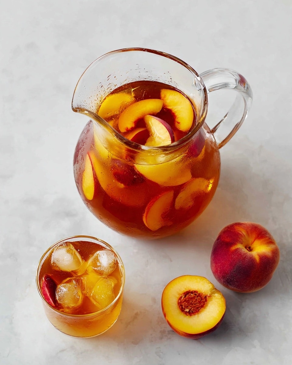 A clear round glass pitcher filled with amber-colored iced tea holds floating yellow and red peach slices and ice cubes, with visible condensation on the outside. Below the pitcher is a small glass filled with the amber iced tea, peach slices, and ice cubes, showing a glossy wet texture. Near the top right of the pitcher, there are two peaches, one whole with red and yellow skin and one cut in half showing the pit and bright yellow flesh. All items are placed on a white marbled surface, and the photo is taken from above. photo taken with an iphone --ar 4:5 --v 7