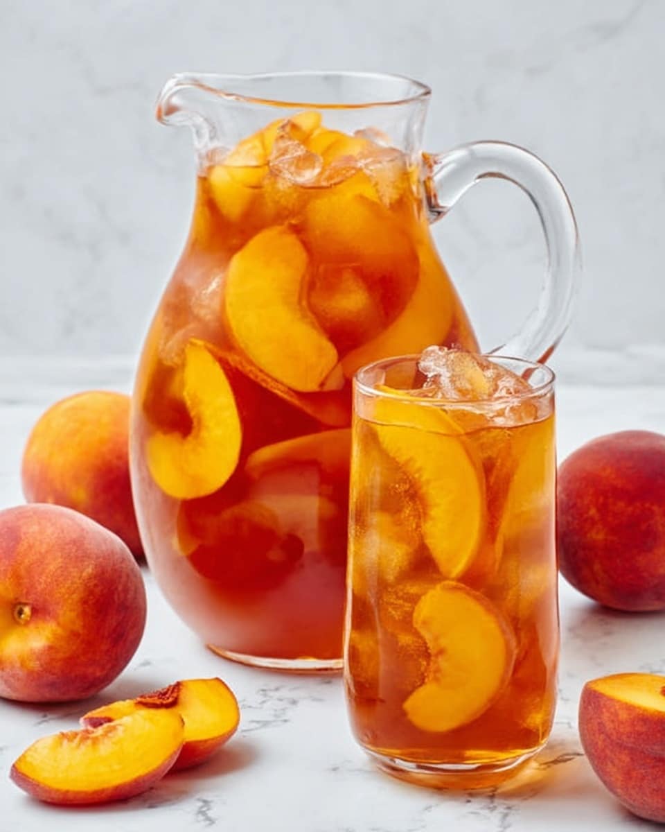 The image shows a clear glass pitcher filled with iced tea and large, bright orange peach slices floating on top and throughout the liquid. Next to the pitcher is a tall clear glass also filled with iced tea, ice cubes, and peach slices. The peaches are fresh and juicy, with a rich orange color and slightly fuzzy texture. Around the pitcher and glass, there are whole peaches and peach halves placed on a white marbled surface. The setup is bright and inviting, with the pitcher and glass standing out clearly against the clean background. Photo taken with an iphone --ar 4:5 --v 7
