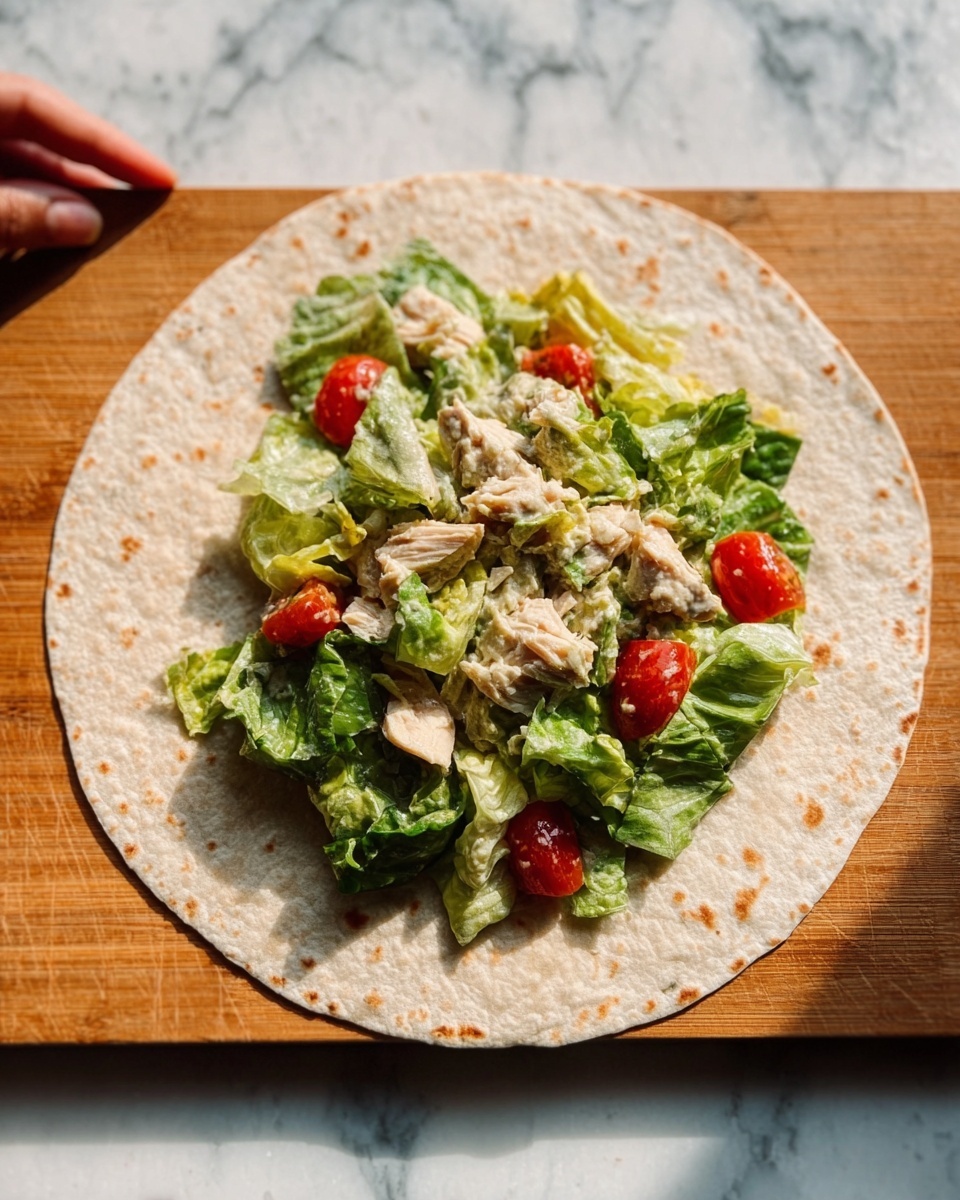 A large flat tortilla laid flat on a brown wooden board with a white marbled surface underneath. In the middle of the tortilla is a layer of green lettuce leaves mixed with small red grape tomatoes, and pieces of light-colored cooked chicken. The ingredients look fresh and lightly mixed, forming a small pile in the center of the tortilla. A woman's hand is holding the edge of the tortilla from the left side. The overall scene has bright natural light. Photo taken with an iphone --ar 4:5 --v 7