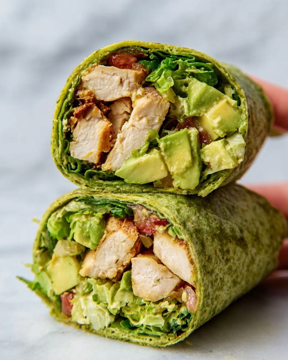 A close-up of two wrap halves stacked on top of each other, showing layers inside. The wrap is a greenish spinach tortilla. Inside, the top layer is light grilled chicken pieces, followed by bright green avocado chunks and leafy green lettuce mixed with small bits of tomato. The texture looks fresh and soft, with the avocado creamy and the chicken firm. The background is a white marbled surface, and a woman's hand is holding the wrap in the background. Photo taken with an iphone --ar 4:5 --v 7