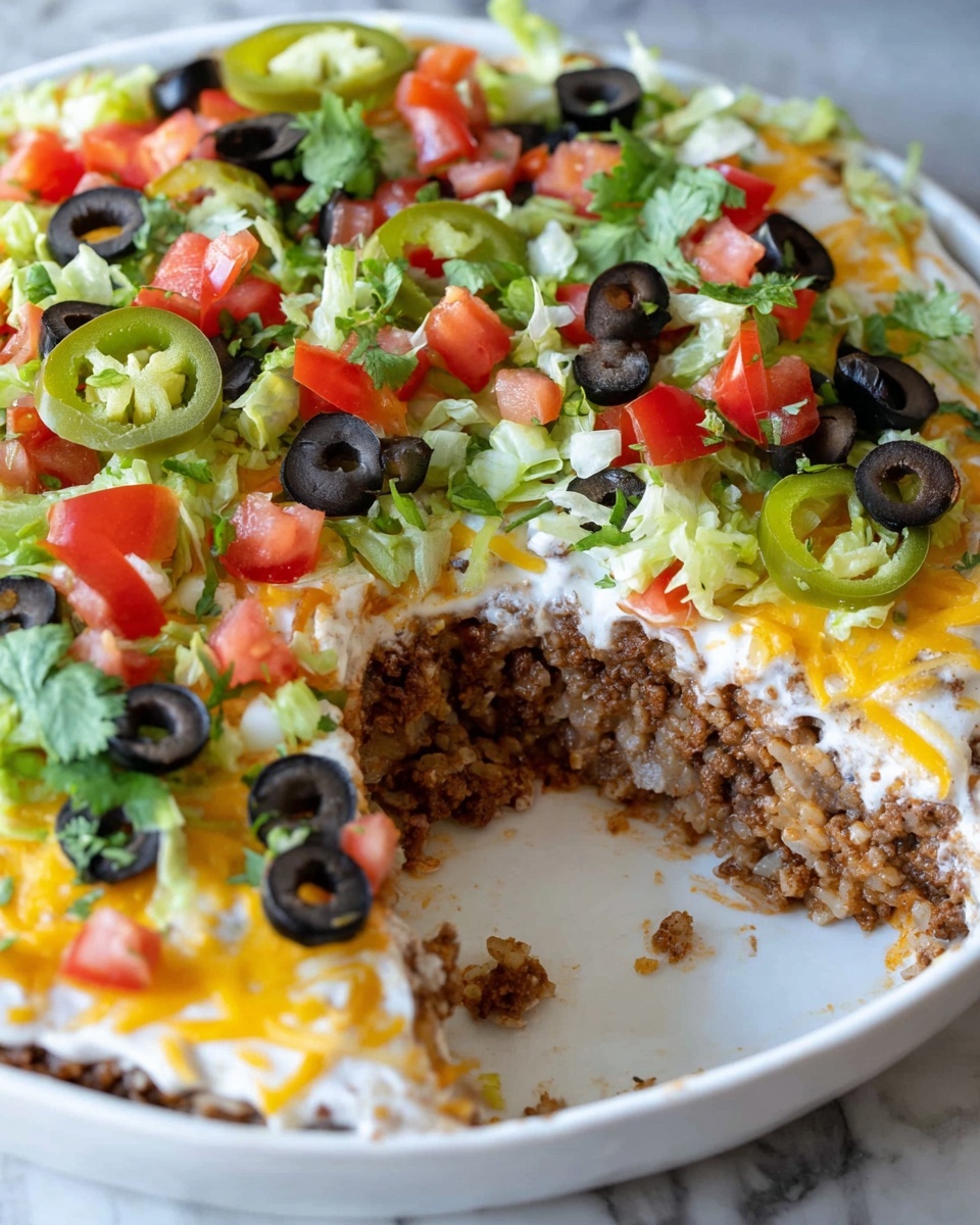 A white round dish with a layered taco casserole, one large portion taken out showing the inside of the dish. The bottom layer is brown seasoned ground meat mixed with rice. Above that is a creamy white sauce spread evenly, topped with shredded yellow and white cheese melted slightly. On the top layer, there are fresh toppings scattered, including sliced black olives, diced red tomatoes, chopped pale green lettuce, green jalapeño slices, and leafy green cilantro. The dish sits on a white marbled surface. photo taken with an iphone --ar 4:5 --v 7
