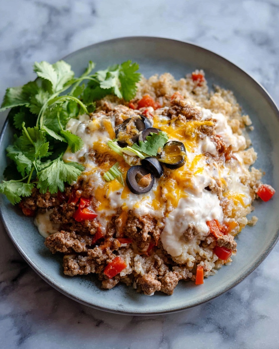 The dish features three main layers served on a white plate placed on a white marbled surface. The bottom layer is a light brown grain or rice that looks soft and cooked. On top of this is a thick layer of cooked ground meat mixed with diced red peppers, which gives the layer a textured, hearty look. The next layer is a creamy white sauce spread unevenly over the meat, dotted with thin yellow-orange melted cheese strands and scattered black olive slices. A small bunch of fresh green cilantro is placed at the edge of the plate, adding a touch of vibrant color. The photo is taken with an iphone --ar 4:5 --v 7