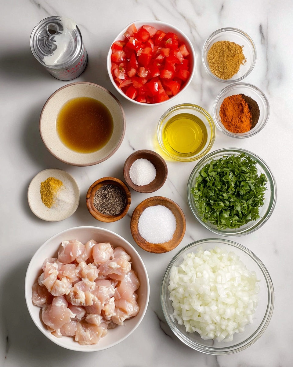 The image shows an organized arrangement of raw ingredients on a white marbled surface. At the bottom left, there is a white bowl filled with chunks of raw light pink chicken. Above it, a small beige plate holds minced garlic. Next to the garlic, there are several small white and wooden bowls containing various spices in shades of brown, dark red, and orange. In the middle, a clear glass bowl holds golden olive oil, and near it, another clear bowl contains a brown liquid broth. Moving upward, a white bowl filled with chopped fresh green cilantro is placed on the right side. Above the cilantro, a small white bowl has white salt and black pepper. To the left, a transparent bowl holds diced red tomatoes. At the top left corner, a silver can is opened to reveal white coconut milk. Near it, a large clear glass bowl is full of finely diced white onions, all set against the white marbled surface. photo taken with an iphone --ar 4:5 --v 7