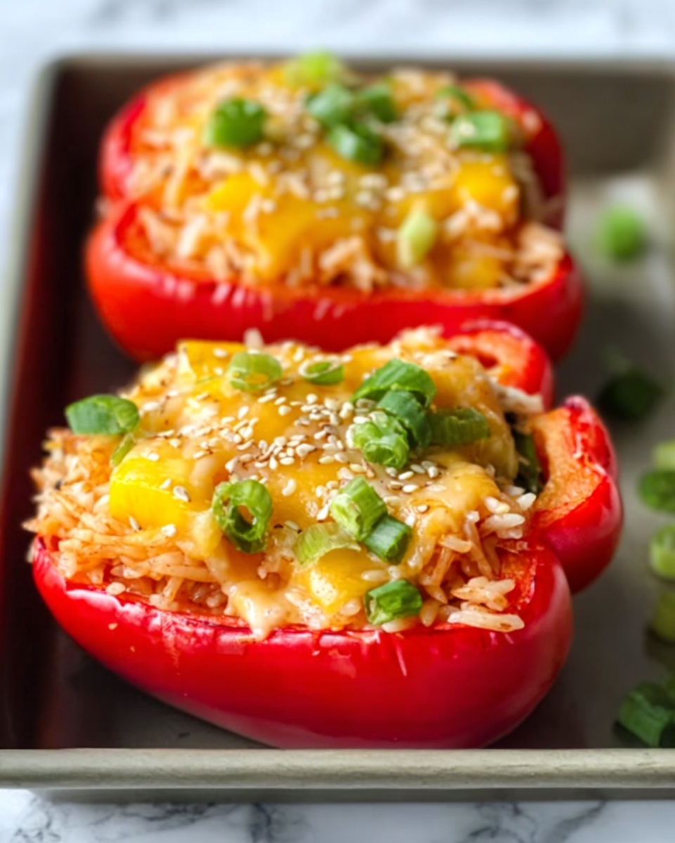 The image shows two red bell pepper halves filled with layers of cooked rice mixed with green onions and small pieces of yellow bell pepper. The rice looks soft and fluffy with a gentle orange tint. On top, there is a melted cheese layer that covers the filling fully, with a golden brown color and some sesame seeds sprinkled on it. The peppers sit inside a baking pan against a white marbled surface, with a small amount of green garnish scattered nearby. Photo taken with an iphone --ar 4:5 --v 7