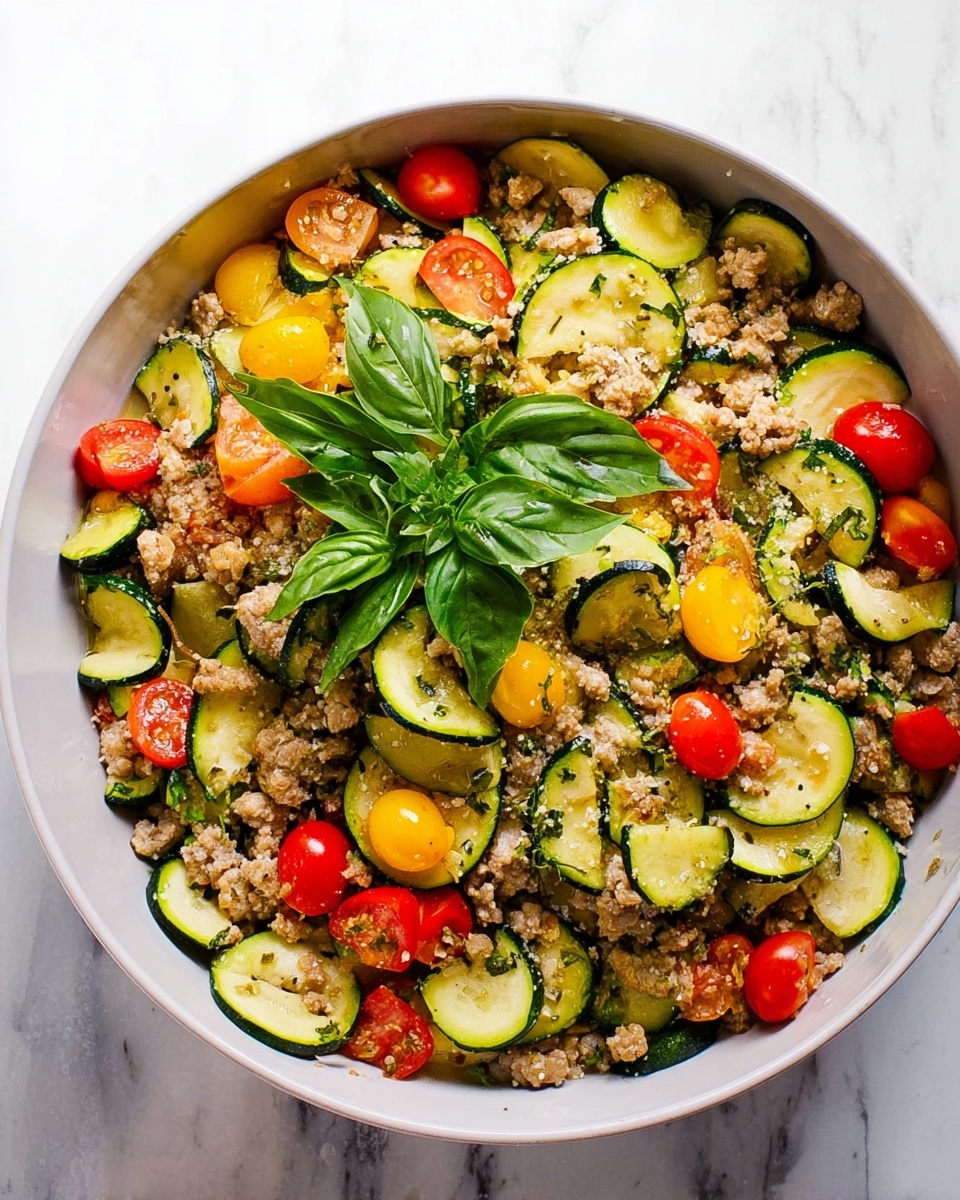 The image shows a white bowl filled with a colorful mix of cooked food that has three main layers. The bottom layer is made of thin green zucchini slices with dark green edges, soft and slightly shiny from cooking. The middle layer has small pieces of cooked light brown meat mixed evenly with the zucchini. The top layer has halved red and yellow cherry tomatoes scattered across, adding bright pops of color. On top, there is a small bunch of fresh green basil leaves placed in the center for decoration. The bowl sits on a white marbled surface. Photo taken with an iphone --ar 4:5 --v 7