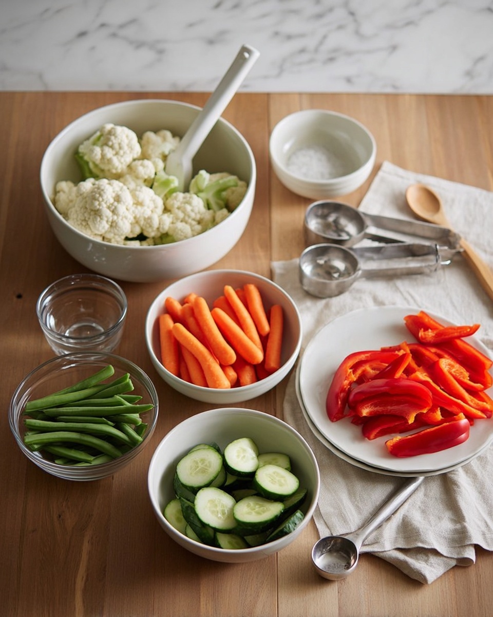 The image shows a wooden table set with six white bowls and a white plate filled with fresh vegetables arranged neatly. From left to right, there is one large white bowl with a white spoon inside, a smaller white bowl full of cauliflower florets, a bowl with baby carrots, a bowl with green beans, a bowl with sliced cucumbers, and a white plate holding bright red bell pepper slices. Nearby on the table are two metal measuring spoons, two clear glass bowls, a beige cloth napkin, and a wooden spoon. The background surface is a white marbled texture. photo taken with an iphone --ar 4:5 --v 7
